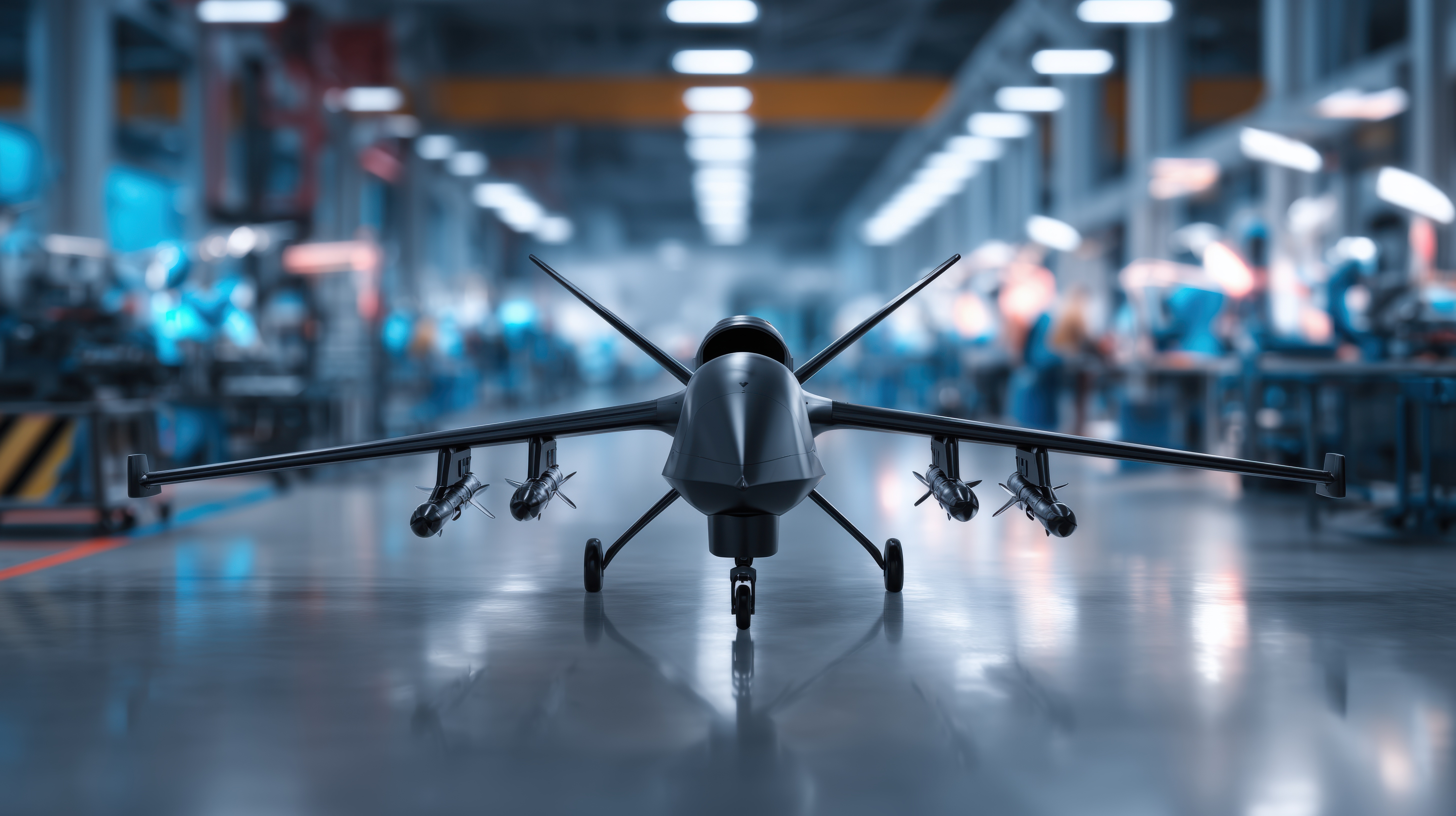 Defense drone inside a secure aerospace and defense hangar, representing SCIF real estate challenges for A&D firms | vcfo