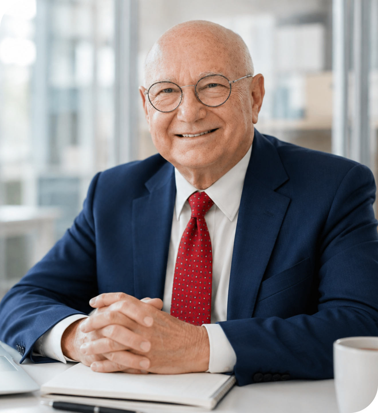 Senior businessman in a suit smiling at the office.