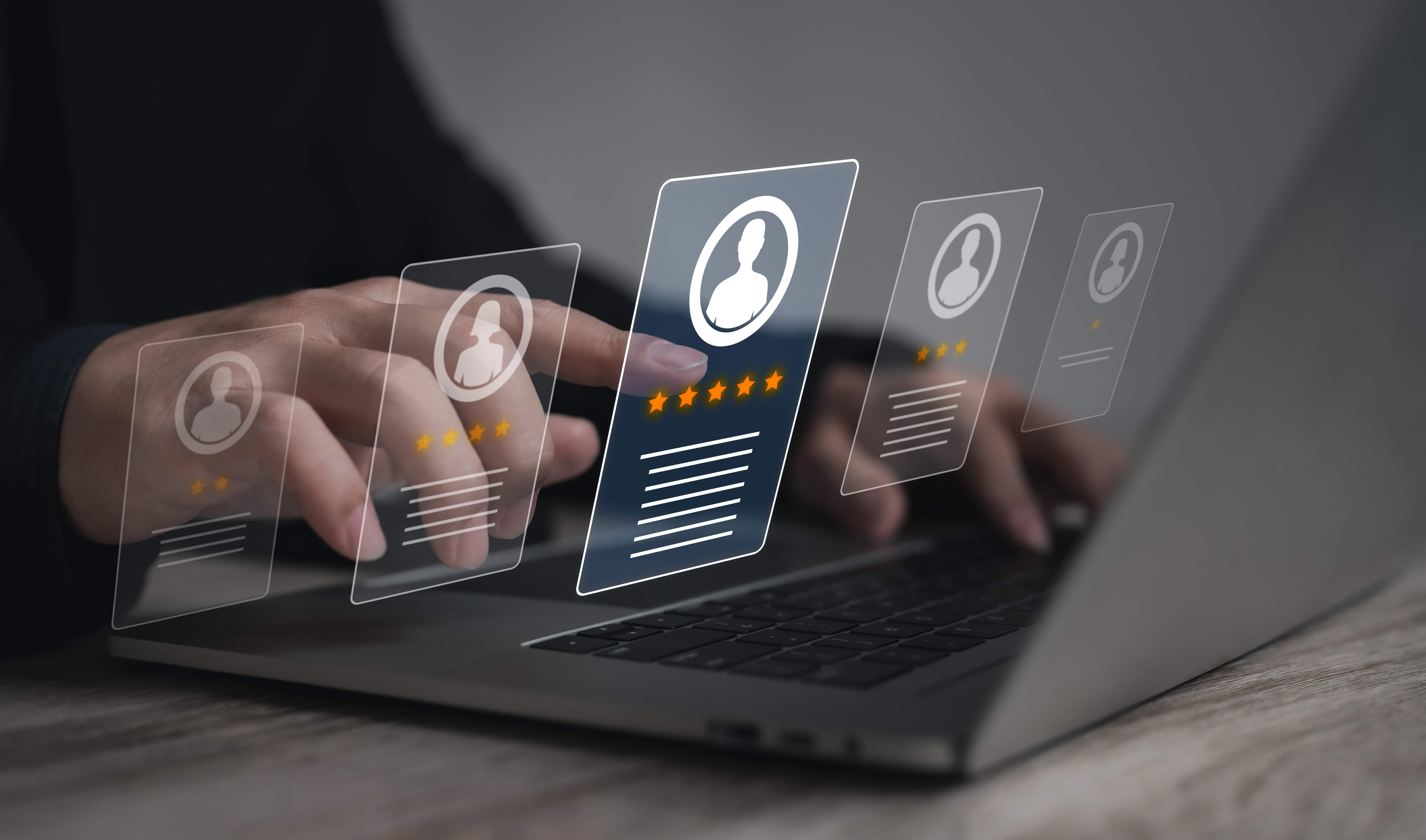 Digital HR management and talent review process with holographic profiles.