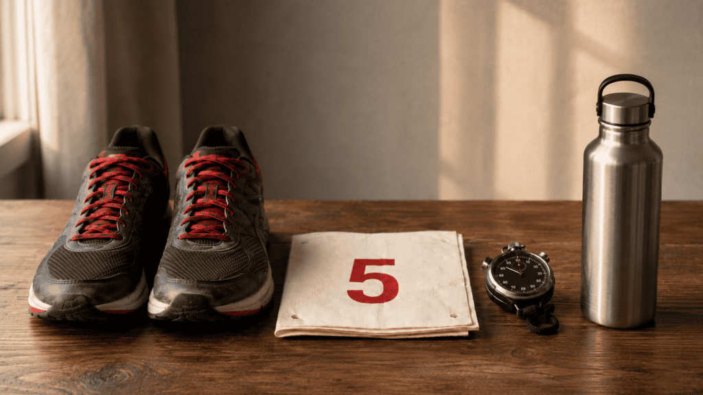 Comfortable running shoes, a workout timer, and a water bottle on a wooden surface for fitness train.