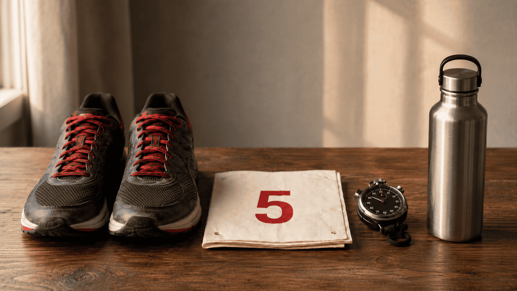 Comfortable running shoes, a workout timer, and a water bottle on a wooden surface for fitness train.