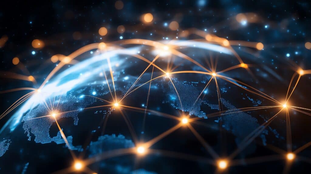 Digital network of interconnected points representing quantum technology and global connectivity.