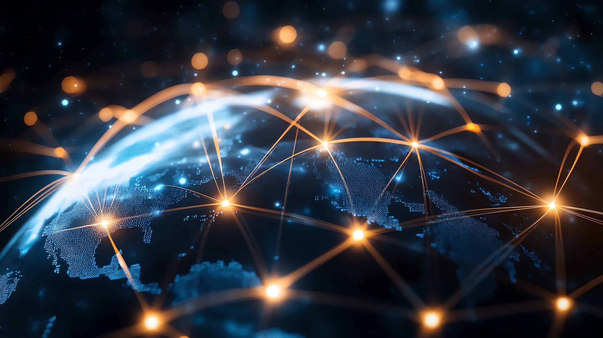 Digital network of interconnected points representing quantum technology and global connectivity.