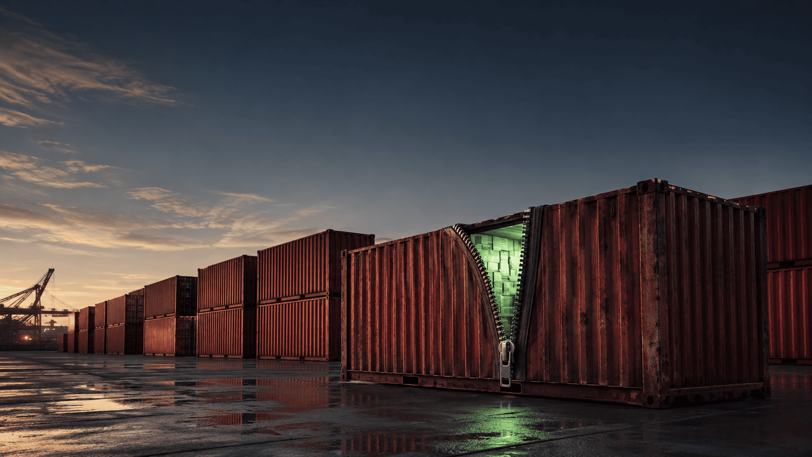 Shipping containers at port with a prominent zipper opening during sunset.