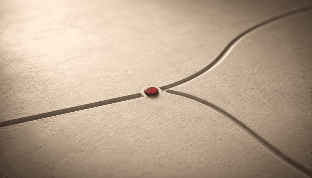 Red pushpin marking a decision point on a beige paper map.
