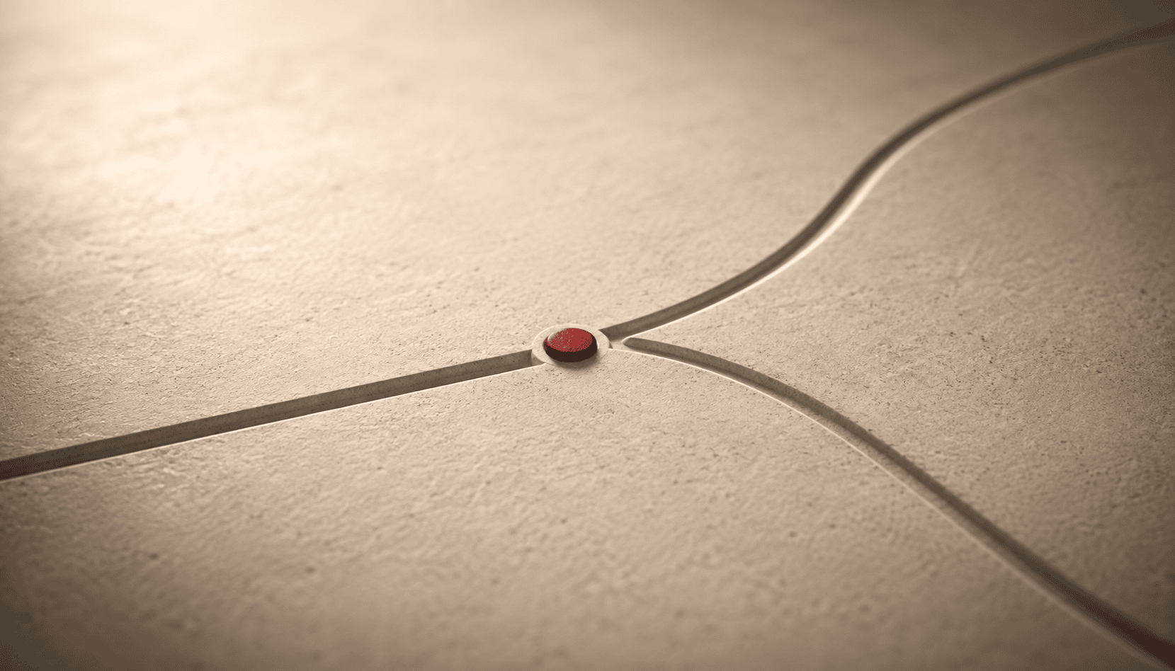 Red pushpin marking a decision point on a beige paper map.