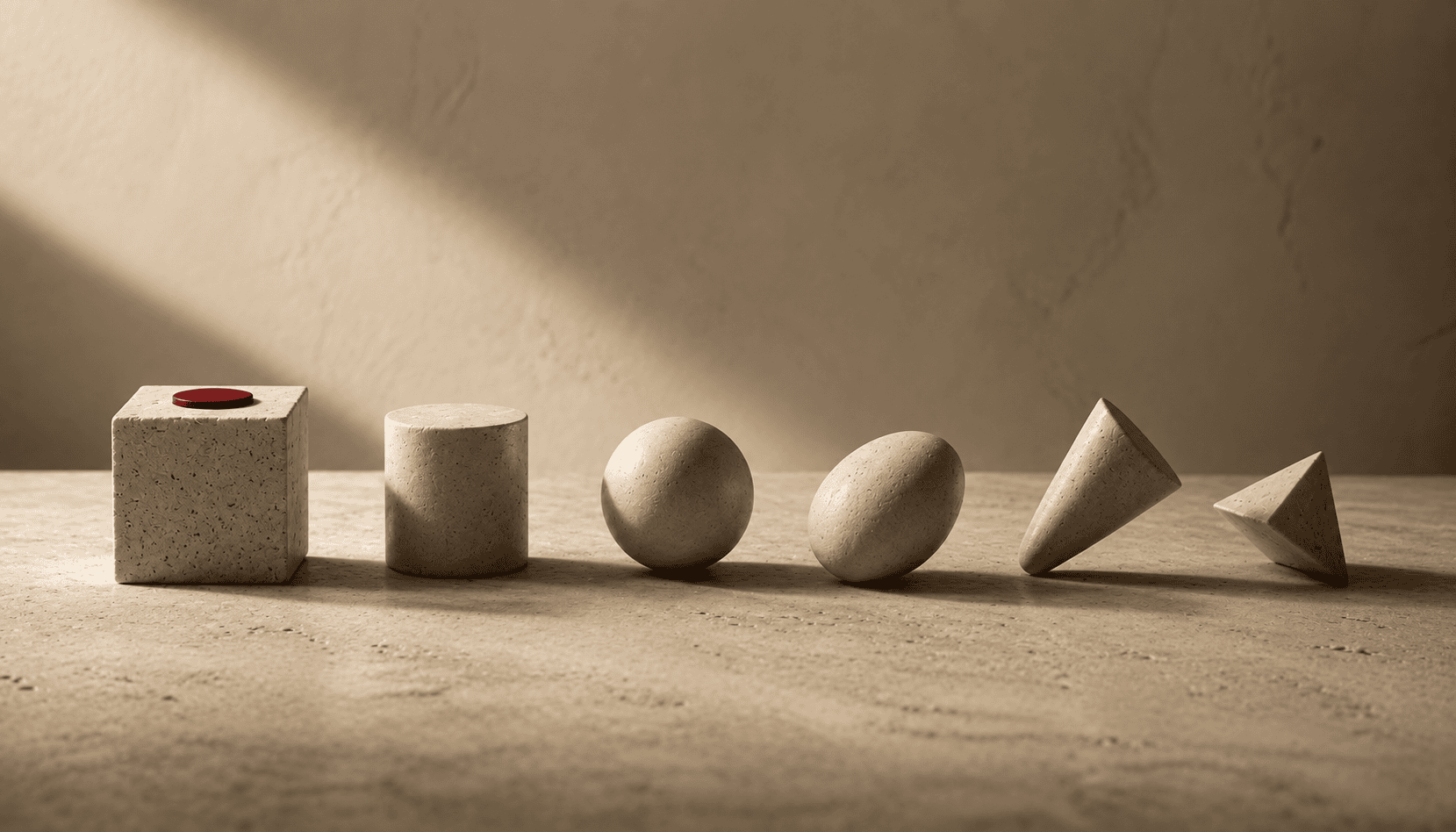 Minimalist geometric stone sculptures on a wooden surface with shadow play.