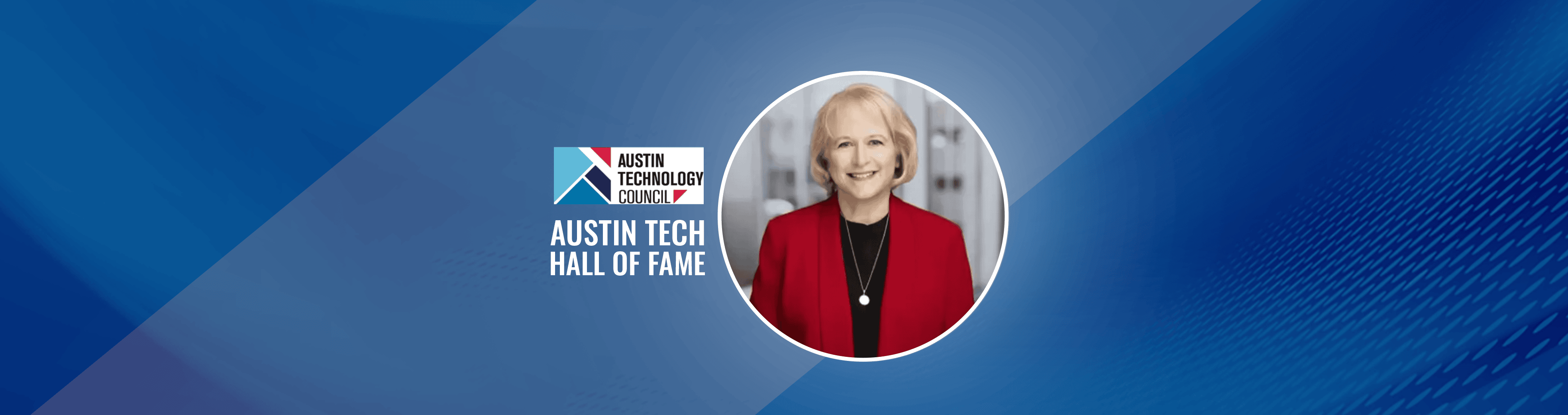 Image of a woman at Austin Tech Hall of Fame event with Austin Technology logo.