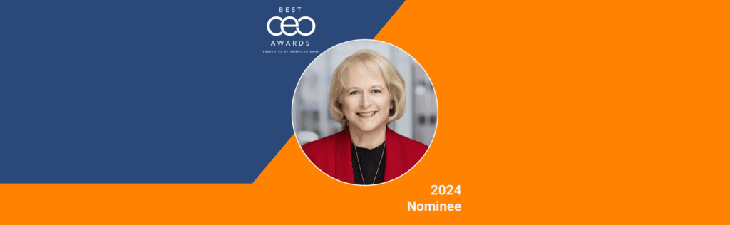 2024 Best CEO Awards nominee portrait with blue and orange background.