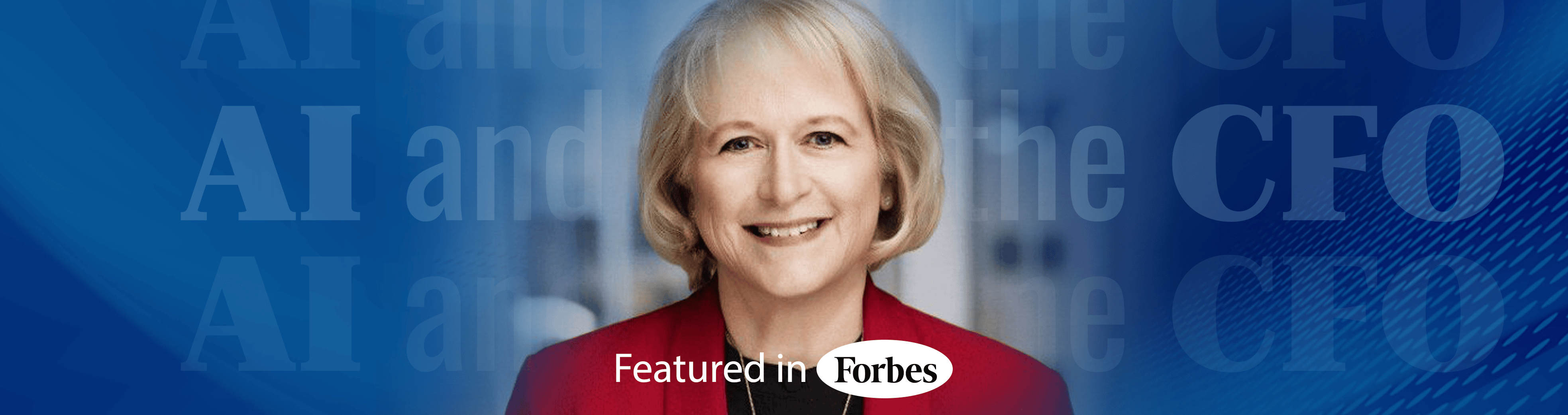 Professional woman smiling at a corporate event with Forbes feature.