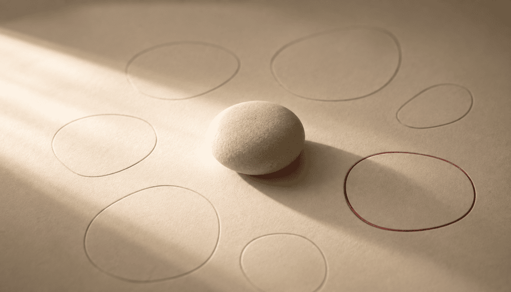 Smooth stone on paper with hand-drawn circles, symbolizing decision-making.