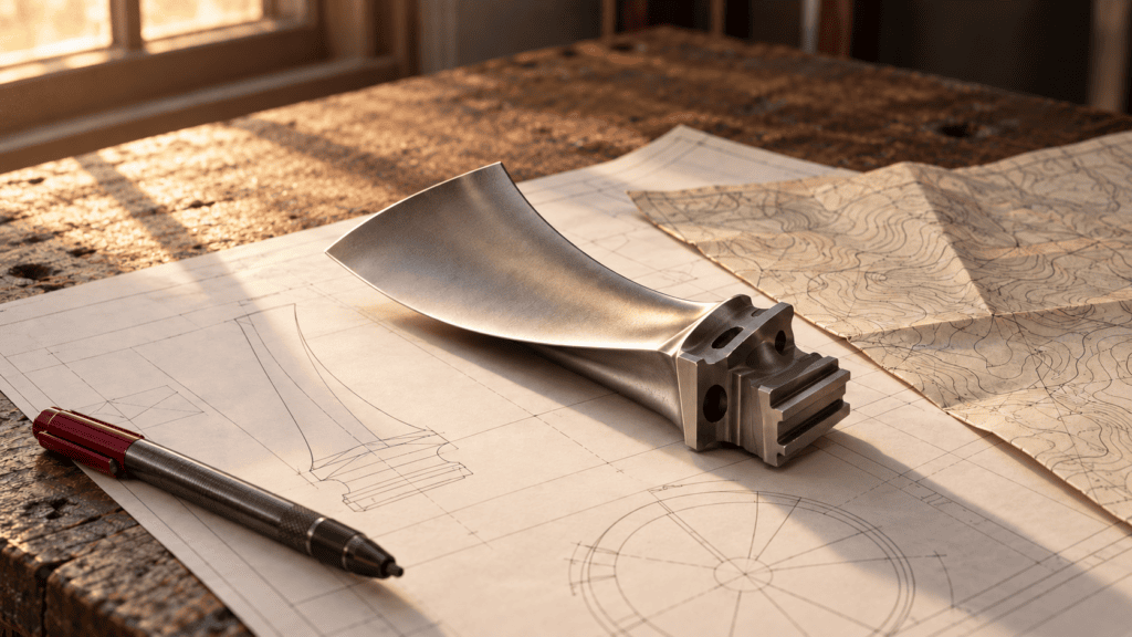Architectural blueprint with a metal tool and pen on a wooden table.