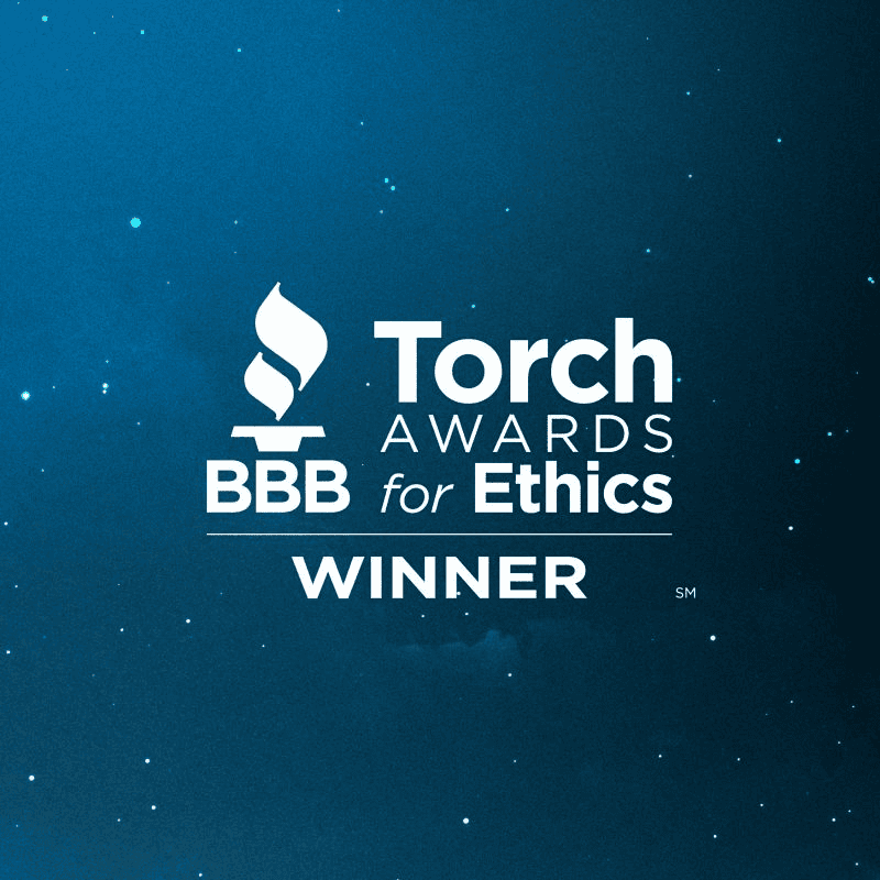 Torch Awards for Ethics winner logo with BBB branding and starry background.