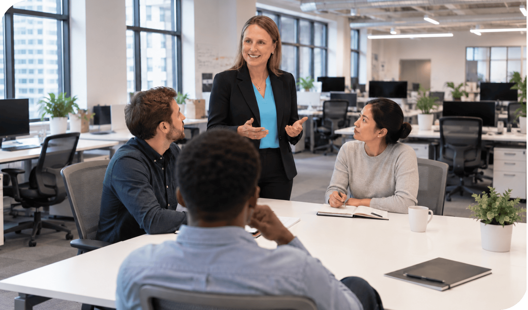 Businesswoman leading a team meeting in a modern office space.