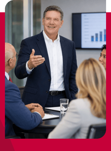 Business professional giving presentation to a diverse group in a modern office.