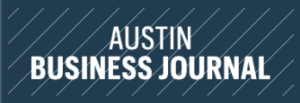 Vcfo logo on blue striped background for Austin Business Journal.