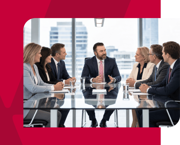Business meeting with professionals in a modern office conference room.