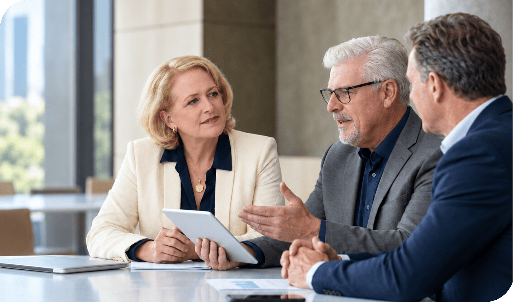 Business professionals discussing financial data in a modern office setting.