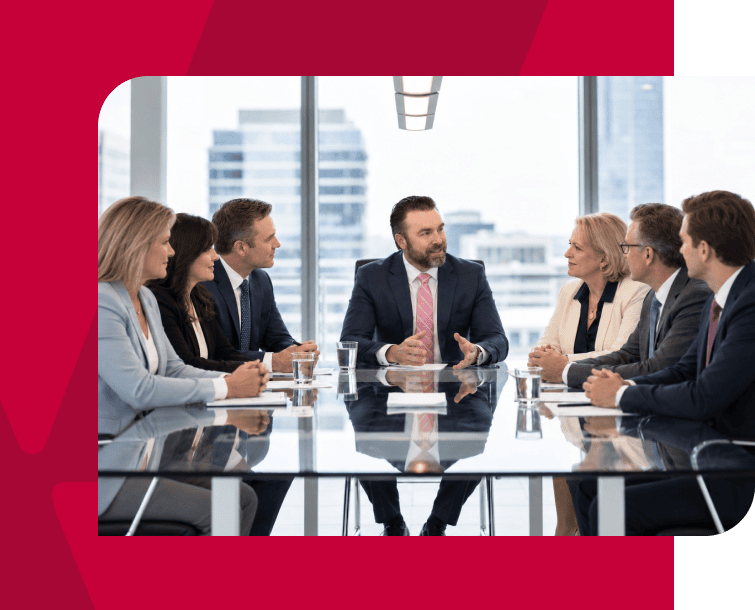 Business team in a meeting discussing strategies in a modern office.
