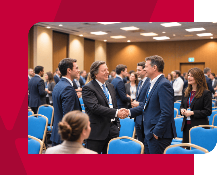 Business professionals shaking hands at a corporate networking event.