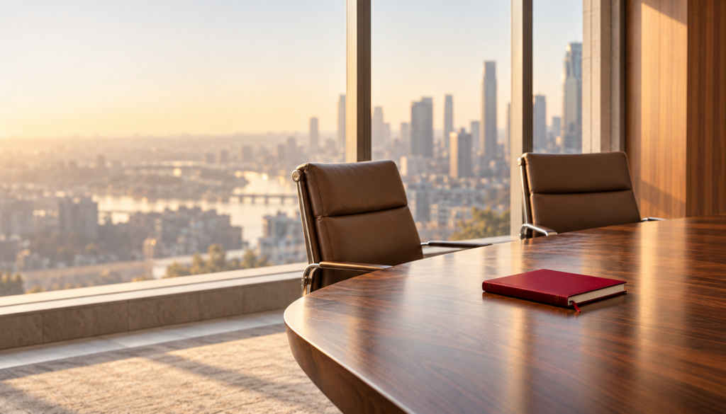 Conference room with city skyline view and wooden table.
